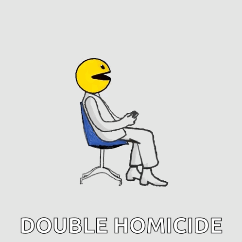 A Cartoon Of A Man With A Pac Man Face Sitting In A Chair With The Words Double Homicide Below Him GIF