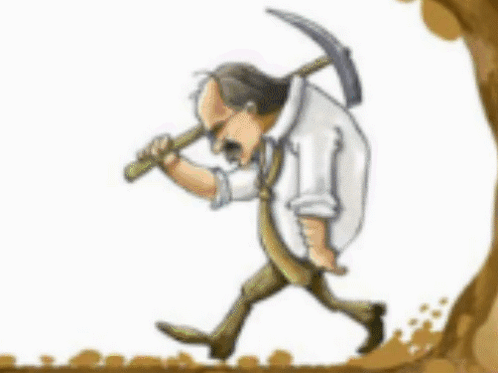 A Cartoon Of A Man With A Pickaxe Walking Through A Hole GIF