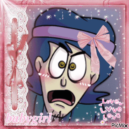 A Cartoon Of A Man With A Pink Bow On His Head And The Words Babygirl GIF