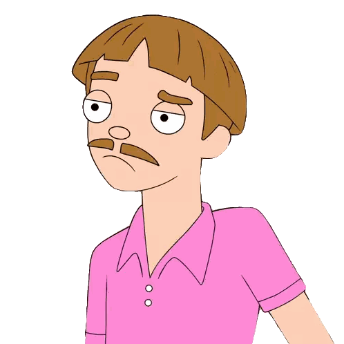 a cartoon of a man with a pink shirt and mustache