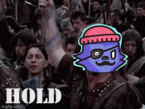 A Cartoon Of A Man With A Pirate Hat And A Mustache Is Surrounded By A Crowd And The Word Hold Is Visible GIF