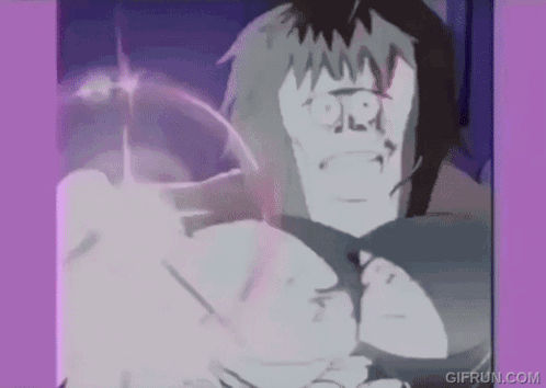 A Cartoon Of A Man With A Purple Background And A Purple Light Coming Out Of His Face . GIF