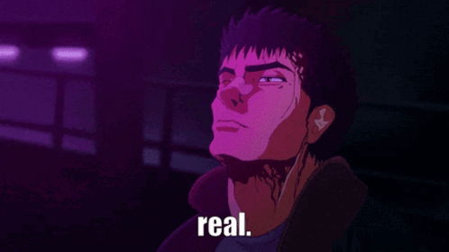 A Cartoon Of A Man With A Purple Background And The Words Real GIF