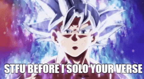 A Cartoon Of A Man With A Purple Background And The Words `` Stfu Before I Solo Your Verse '' GIF
