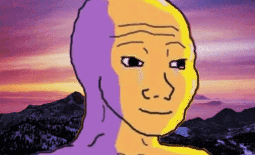A Cartoon Of A Man With A Purple Head And A Yellow Face GIF