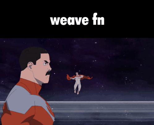 A Cartoon Of A Man With A Red Cape And The Words Weave Fn Above Him GIF
