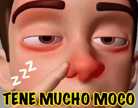 A Cartoon Of A Man With A Red Nose And The Words " Tiene Mucho Moco " Below Him GIF