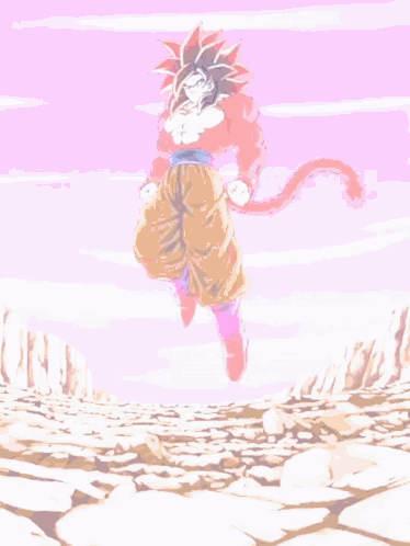 A Cartoon Of A Man With A Red Tail Standing On A Rocky Hillside GIF