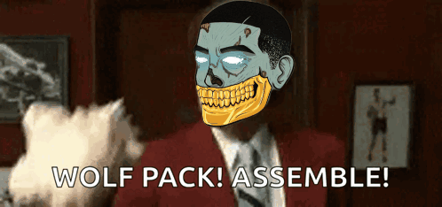 a cartoon of a man with a skull on his face and the words wolf pack assemble below him