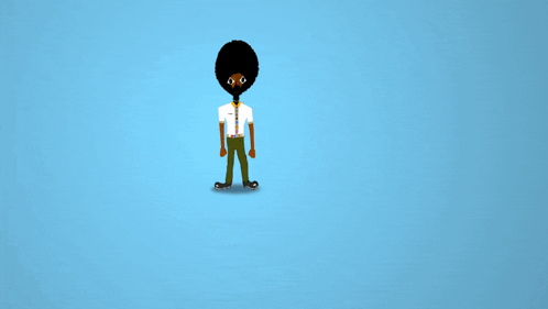 a cartoon of a man with an afro holding a flag with a blue background
