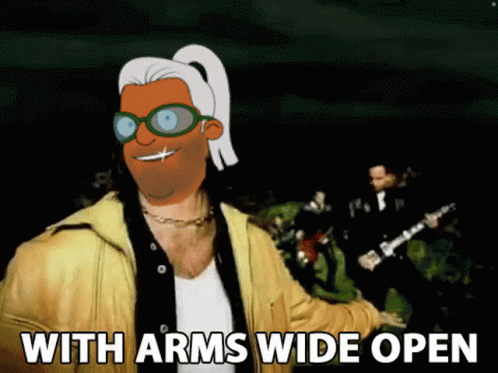 A Cartoon Of A Man With Arms Wide Open Standing In Front Of A Band GIF