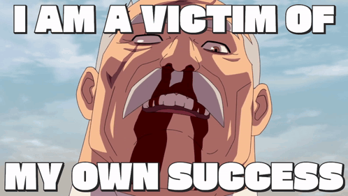 A Cartoon Of A Man With Blood Coming Out Of His Mouth And The Words I Am A Victim Of My Own Success GIF