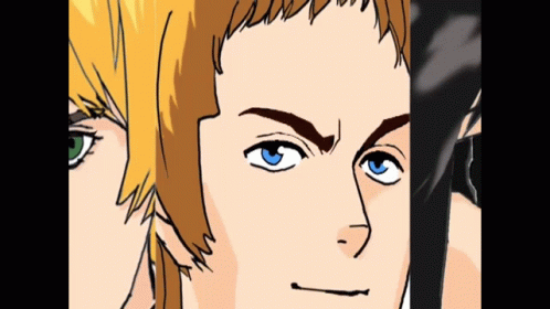 a cartoon of a man with blue eyes and a woman with blonde hair