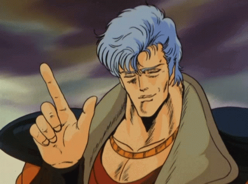 A Cartoon Of A Man With Blue Hair Pointing Up GIF