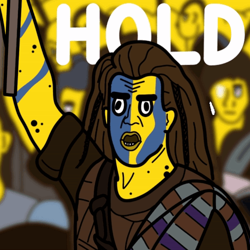 A Cartoon Of A Man With Blue Paint On His Face And The Word Hold In White Letters GIF