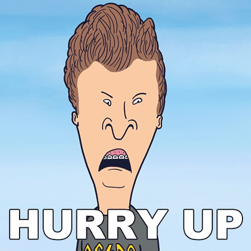A Cartoon Of A Man With Braces On His Teeth And The Words Hurry Up Below Him GIF