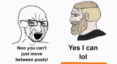 A Cartoon Of A Man With Glasses And A Beard Saying " Noo You Can 'T Just Move Between Posts " GIF