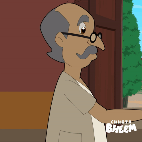 A Cartoon Of A Man With Glasses And A Mustache With Chhota Bheem Written On The Bottom GIF