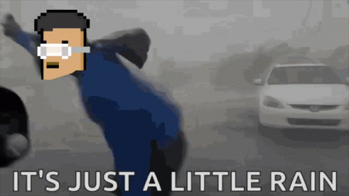 A Cartoon Of A Man With Glasses And The Words It 'S Just A Little Rain Below Him GIF