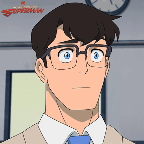 A Cartoon Of A Man With Glasses And The Words My Adventure With Superman Above Him GIF