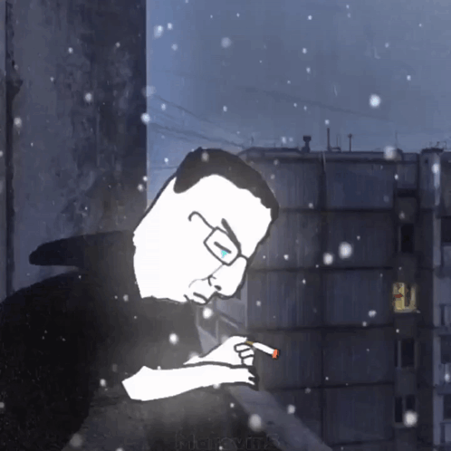 A Cartoon Of A Man With Glasses Smoking A Cigarette In Front Of A Building GIF
