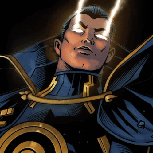 a cartoon of a man with glowing eyes and a cape