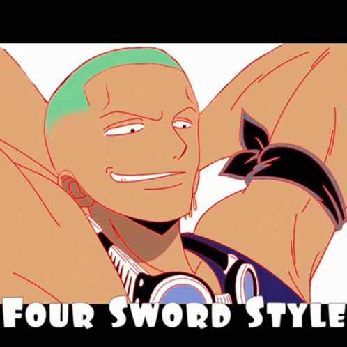 A Cartoon Of A Man With Green Hair And The Words Four Sword Style GIF