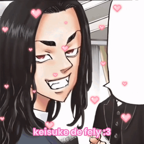 A Cartoon Of A Man With Hearts Around His Face And The Words Keisuke De Fely 3 On The Bottom GIF