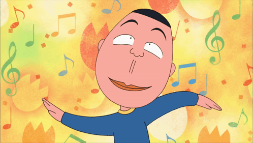 A Cartoon Of A Man With His Arms Outstretched In Front Of Music Notes GIF