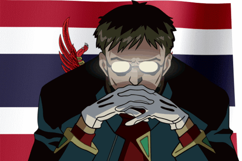 A Cartoon Of A Man With His Hands Folded In Front Of A Flag That Says ' Thailand ' On It GIF