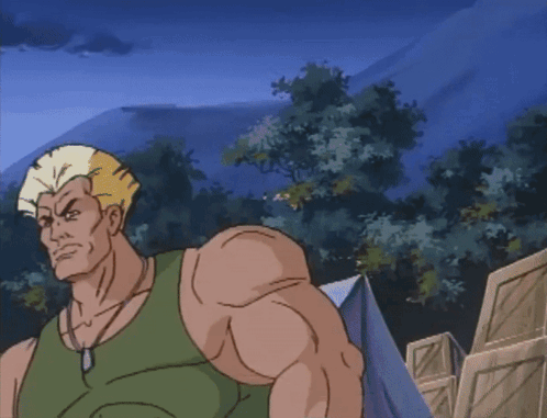 A Cartoon Of A Man With Huge Muscles And A Dog Tag Around His Neck GIF