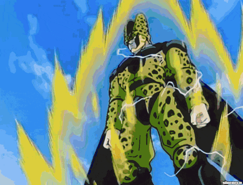 A Cartoon Of A Man With Leopard Print Standing In Front Of A Blue Sky With Lightning Coming Out Of Him GIF