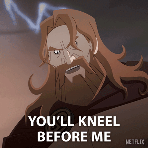 A Cartoon Of A Man With Long Hair And A Beard Says You 'Ll Kneel Before Me GIF