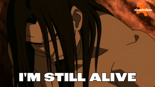 A Cartoon Of A Man With Long Hair And The Words I 'M Still Alive GIF