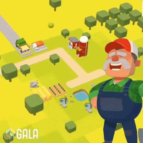 A Cartoon Of A Man With Overalls And A Red Hat Standing In A Field GIF