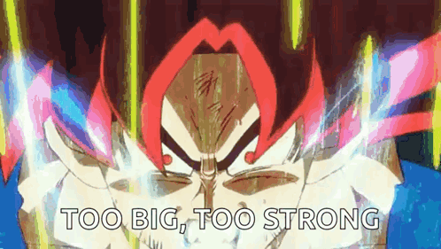 A Cartoon Of A Man With Red Hair And The Words `` Too Big , Too Strong '' GIF