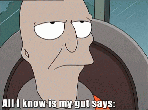A Cartoon Of A Man With The Words All I Know Is My Gut Says GIF