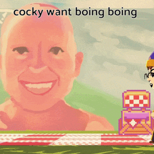 A Cartoon Of A Man With The Words Cocky Want Boing Boing On The Bottom GIF