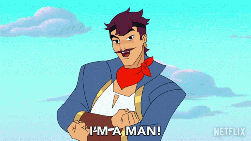 A Cartoon Of A Man With The Words I 'M A Man Below Him GIF