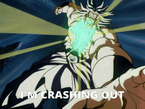 a cartoon of a man with the words i 'm crashing out below him
