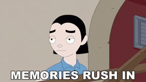 A Cartoon Of A Man With The Words " Memories Rush In " Below Him GIF