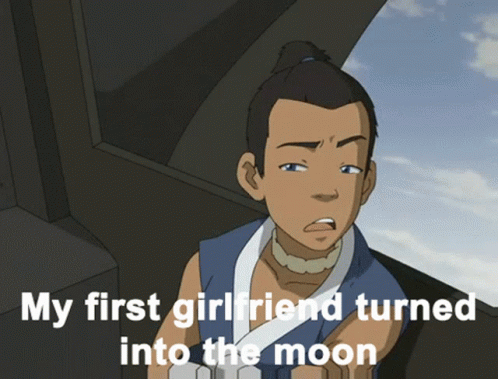 A Cartoon Of A Man With The Words " My First Girlfriend Turned Into The Moon " GIF