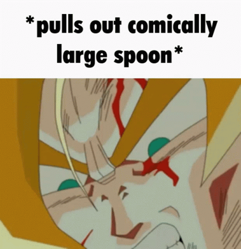 A Cartoon Of A Man With The Words " Pulls Out Comically Large Spoon " GIF