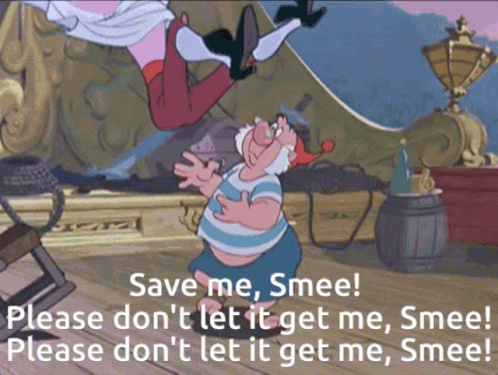 A Cartoon Of A Man With The Words " Save Me Smee " Below Him GIF