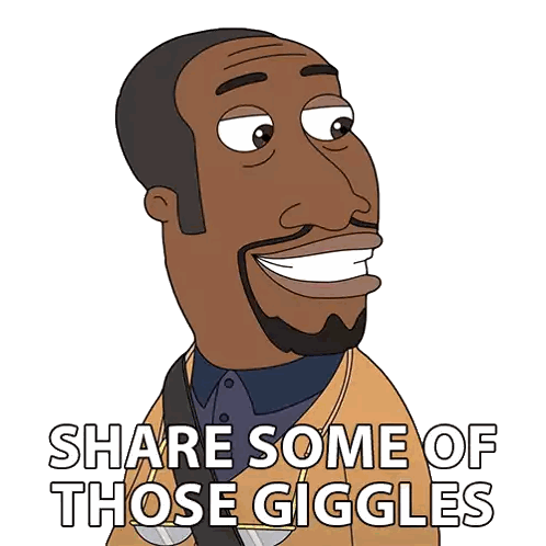 a cartoon of a man with the words share some of those giggles below him