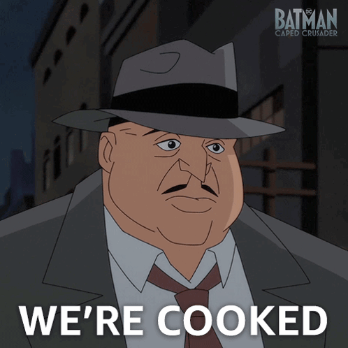 A Cartoon Of A Man With The Words We 'Re Cooked Behind Him GIF