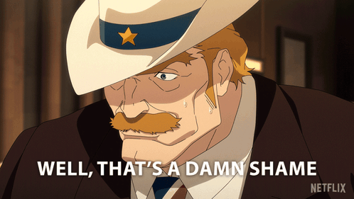A Cartoon Of A Man With The Words Well That 'S A Damn Shame On The Bottom GIF