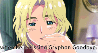 A Cartoon Of A Man With The Words " When He Is Kissing Gryphon Goodbye " Below Him GIF