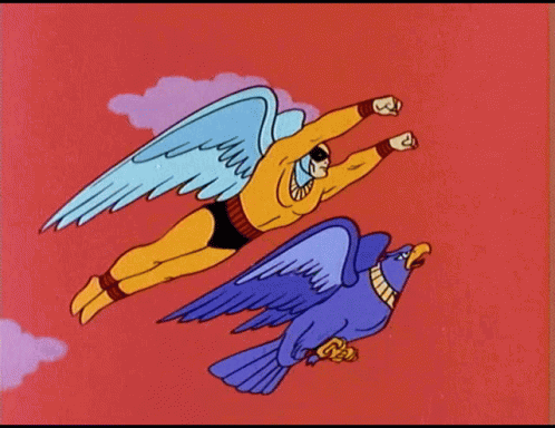 A Cartoon Of A Man With Wings And A Blue Bird GIF