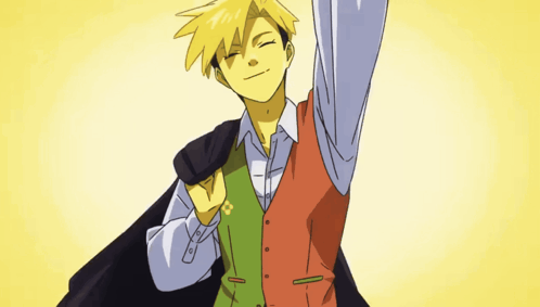 a cartoon of a man with yellow hair wearing a green vest and red vest